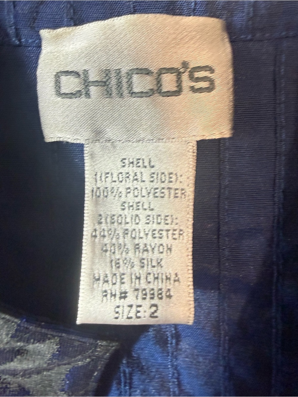 Chico’s Size 12 L Blue Black Floral Jacquard Topper Jacket Silk Blend Shimmer - Picture 3 of 5